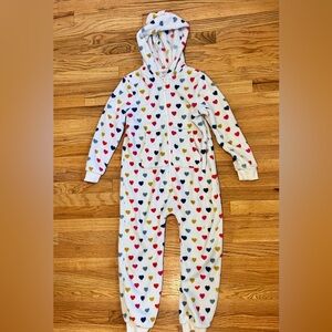Mini Boden Cosy Fleece All in One, Hooded Heart print Onesie, Cozy, 9-10, Kids